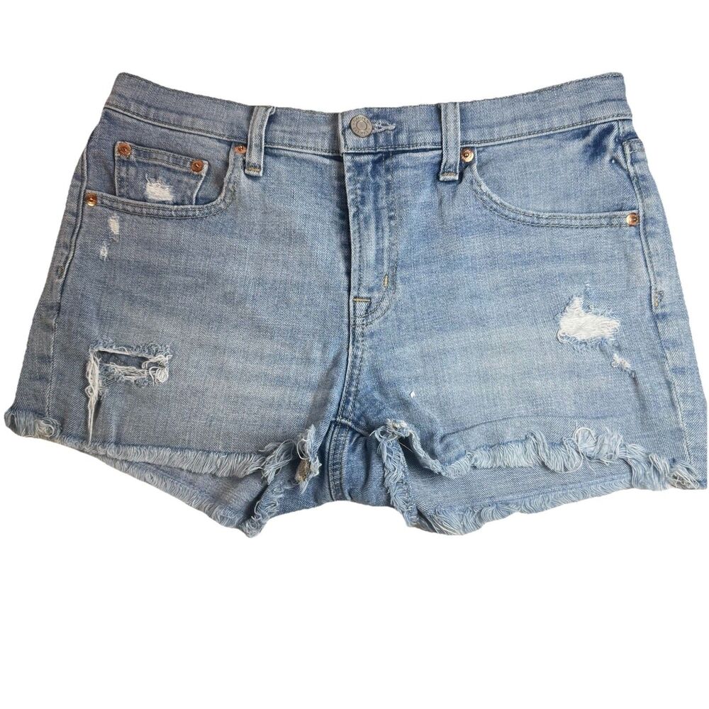 Gap Denim Shorts Mid Rise Blue Frayed Raw Hem Distressed Size 27 Summer Casual - Picture 2 of 14